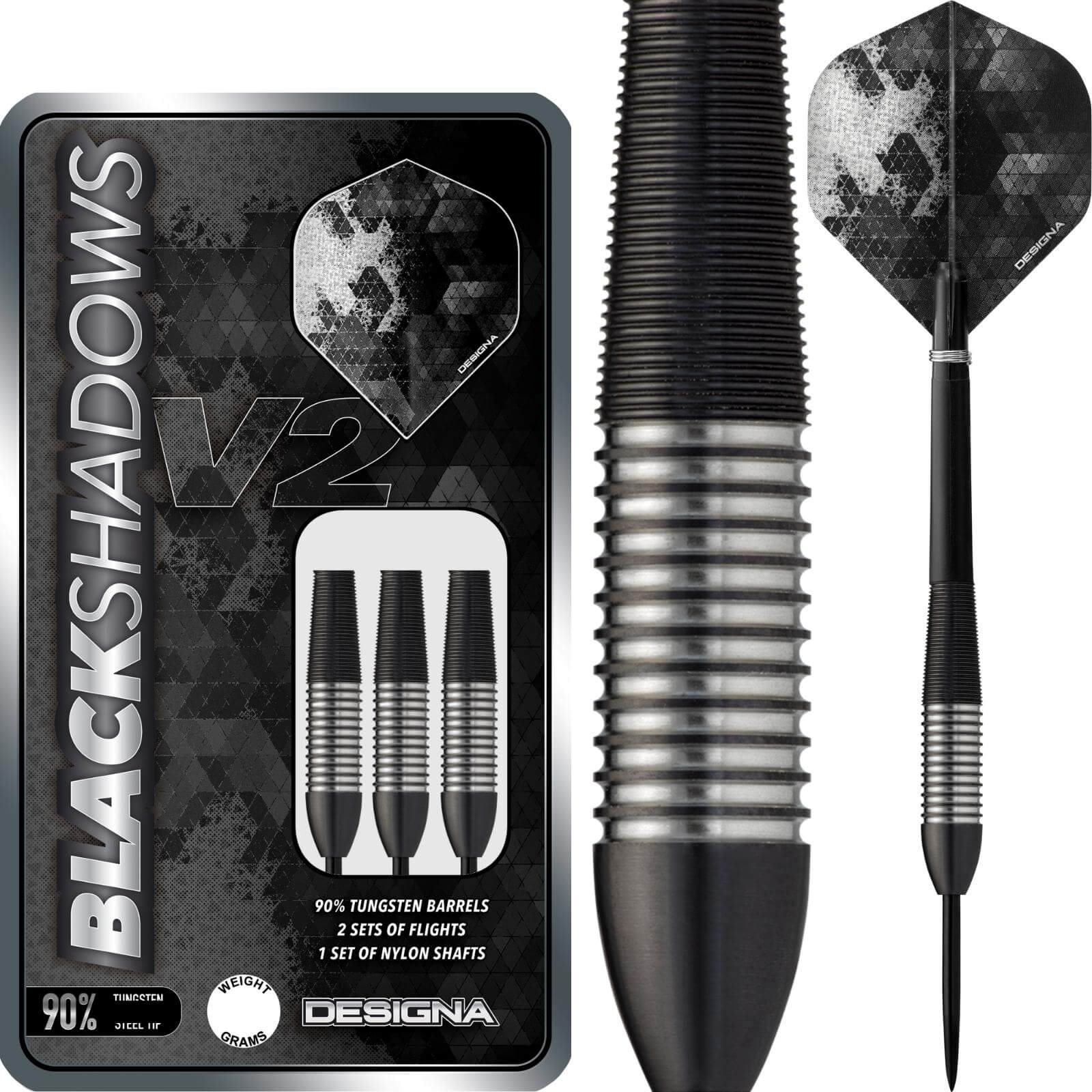 Darts - Designa - Black Shadow V2 M2 Darts - Steel Tip - 90% Tungsten - 22g 24g 