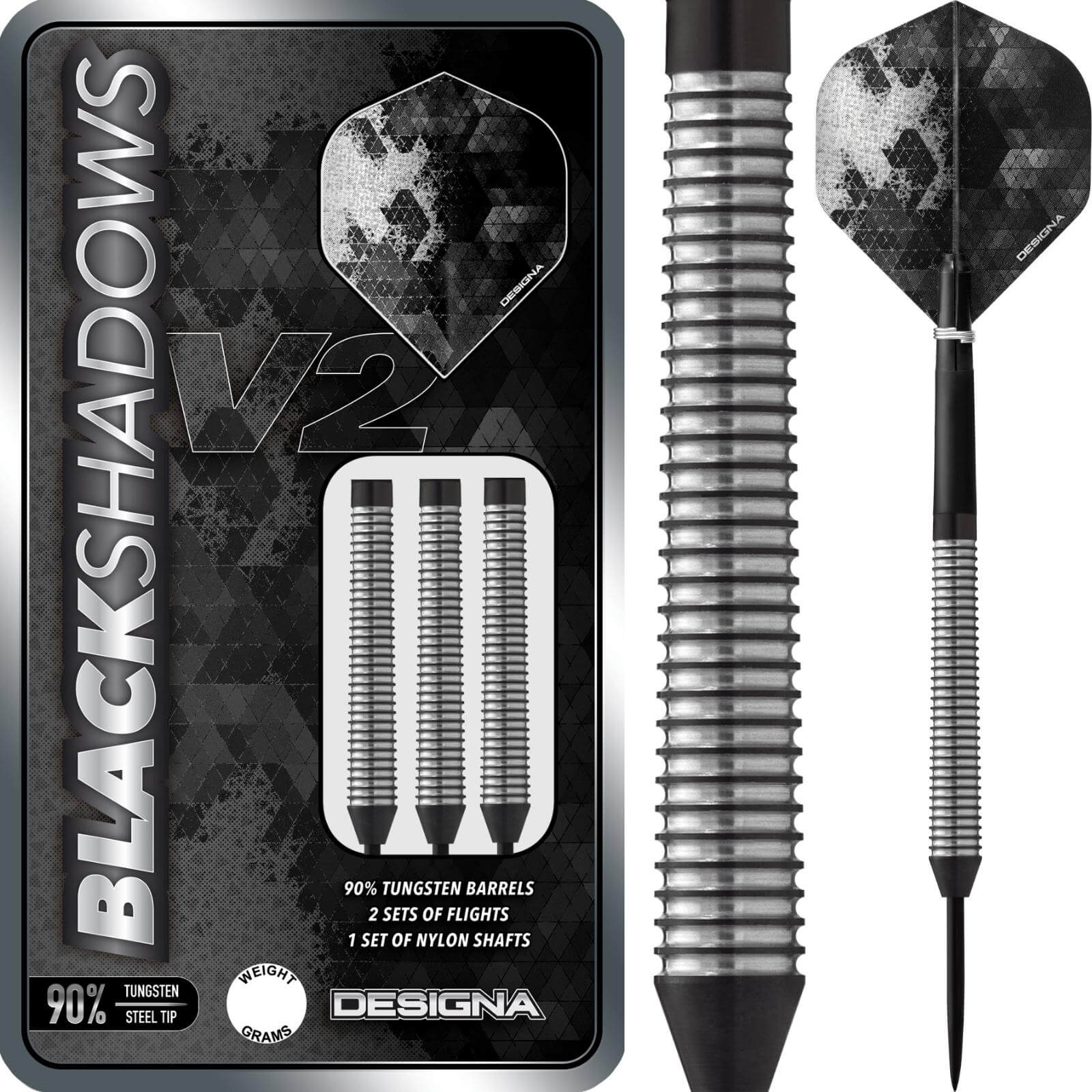 Darts - Designa - Black Shadow V2 M4 Darts - Steel Tip - 90% Tungsten - 22g 24g 26g 