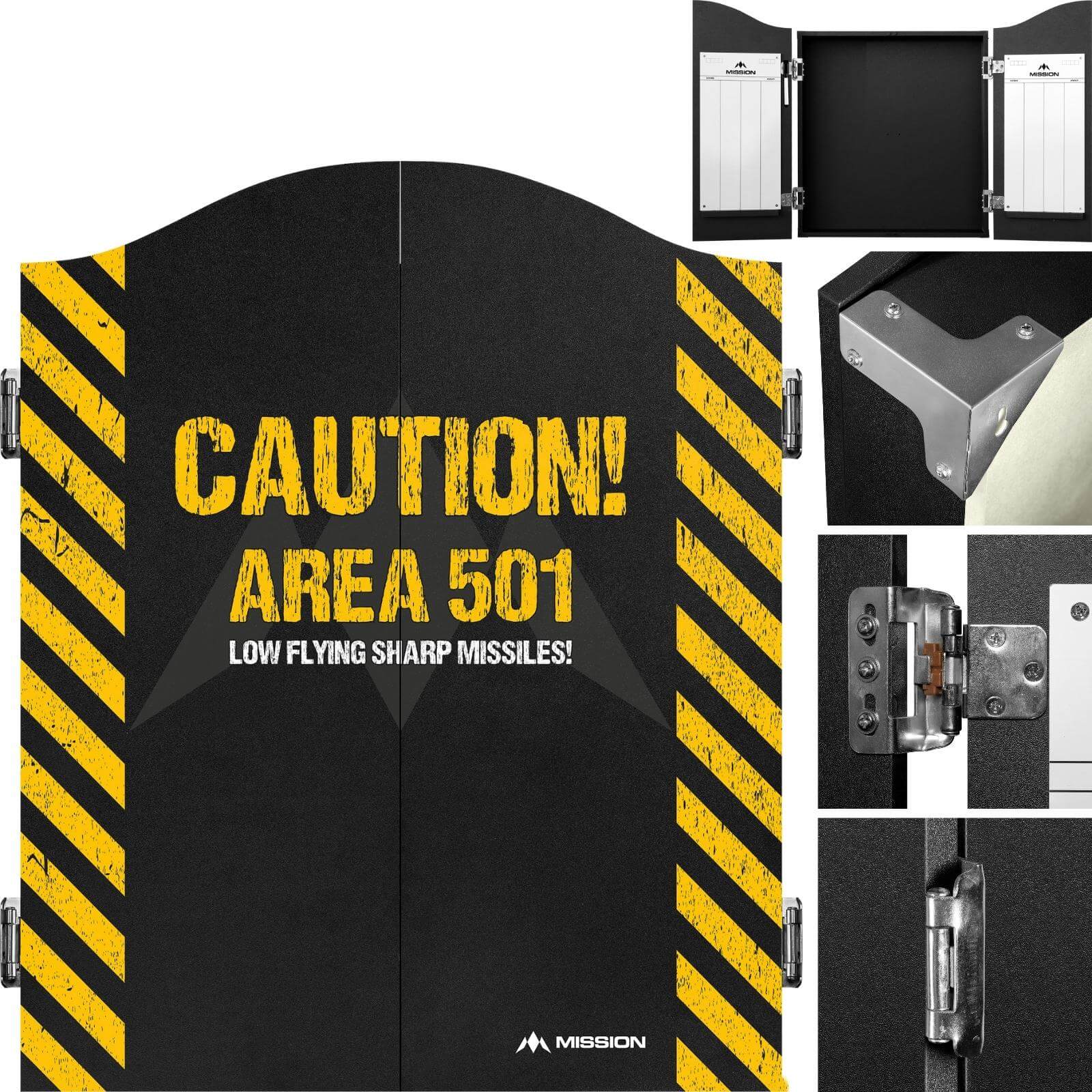 Dartboard Accessories - Mission - Dartboard Cabinet - Deluxe Quality - Area 501 - Caution 