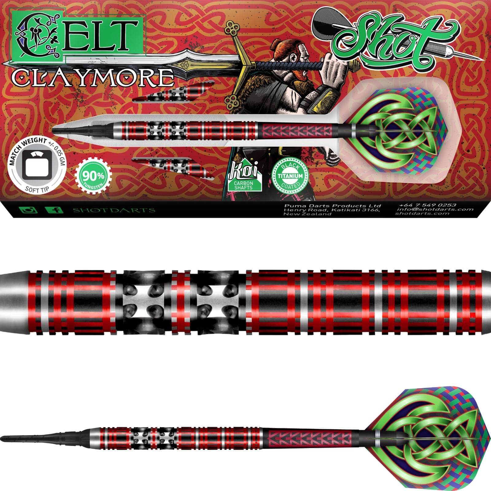 Darts - Shot - Celt Claymore Darts - Soft Tip - 90% Tungsten - 18g 20g 