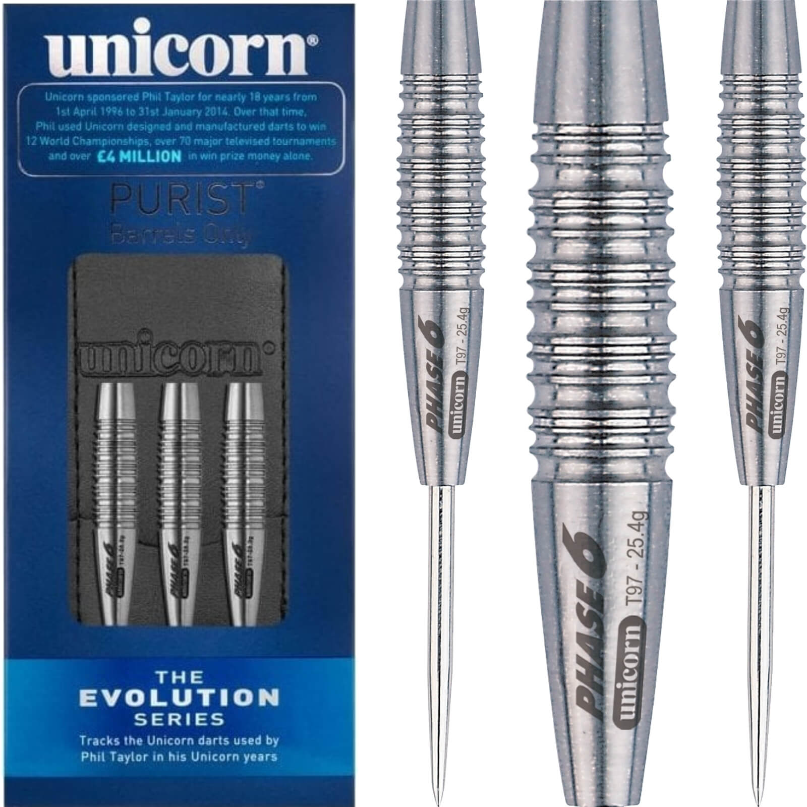 Darts - Unicorn - Purist Evolution Phase 6 Darts - Steel Tip - 97% Tungsten - 25g 