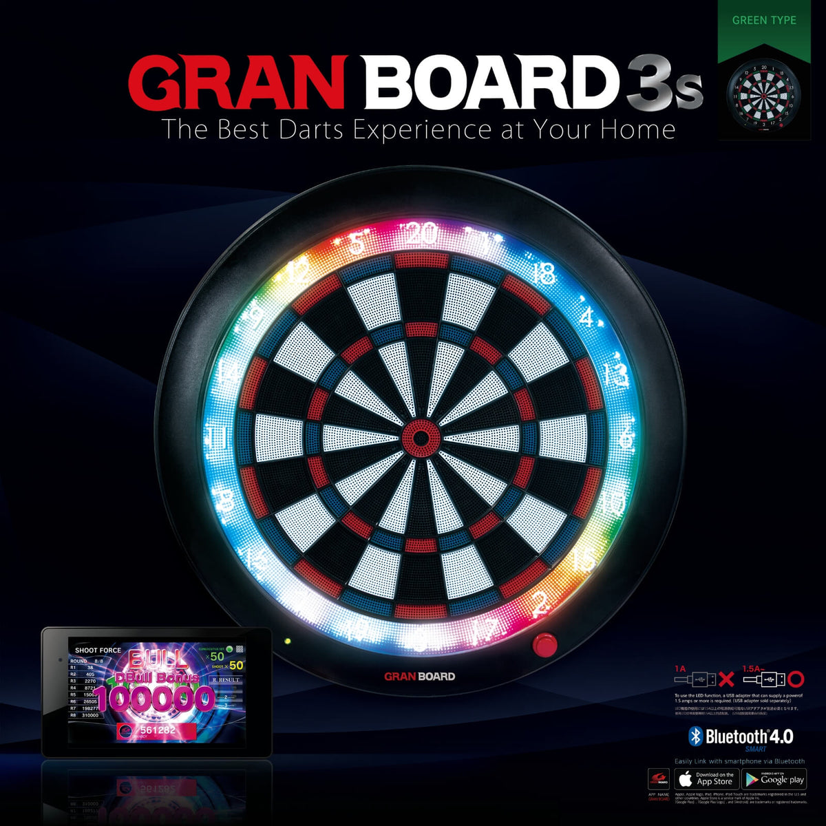 Dartboards - Gran Darts - GranBoard 3s - Bluetooth Electronic LED Soft Tip Dartboard - Green 