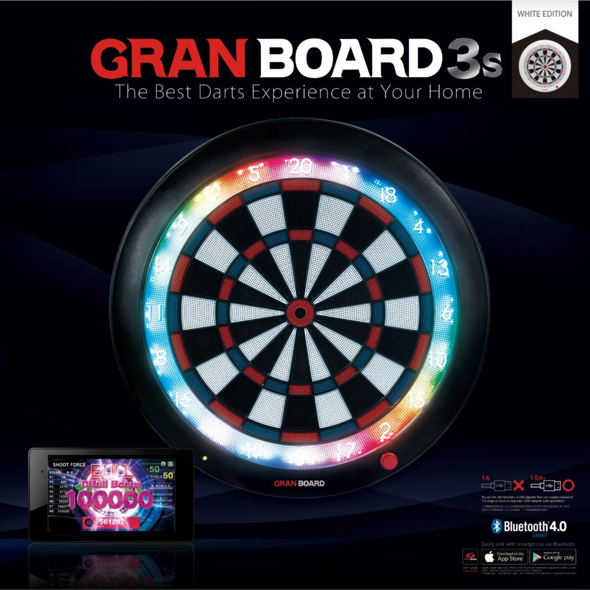 Gran Darts - GranBoard 3s - Bluetooth Electronic LED Soft Tip Dartboard - Special Edition White -