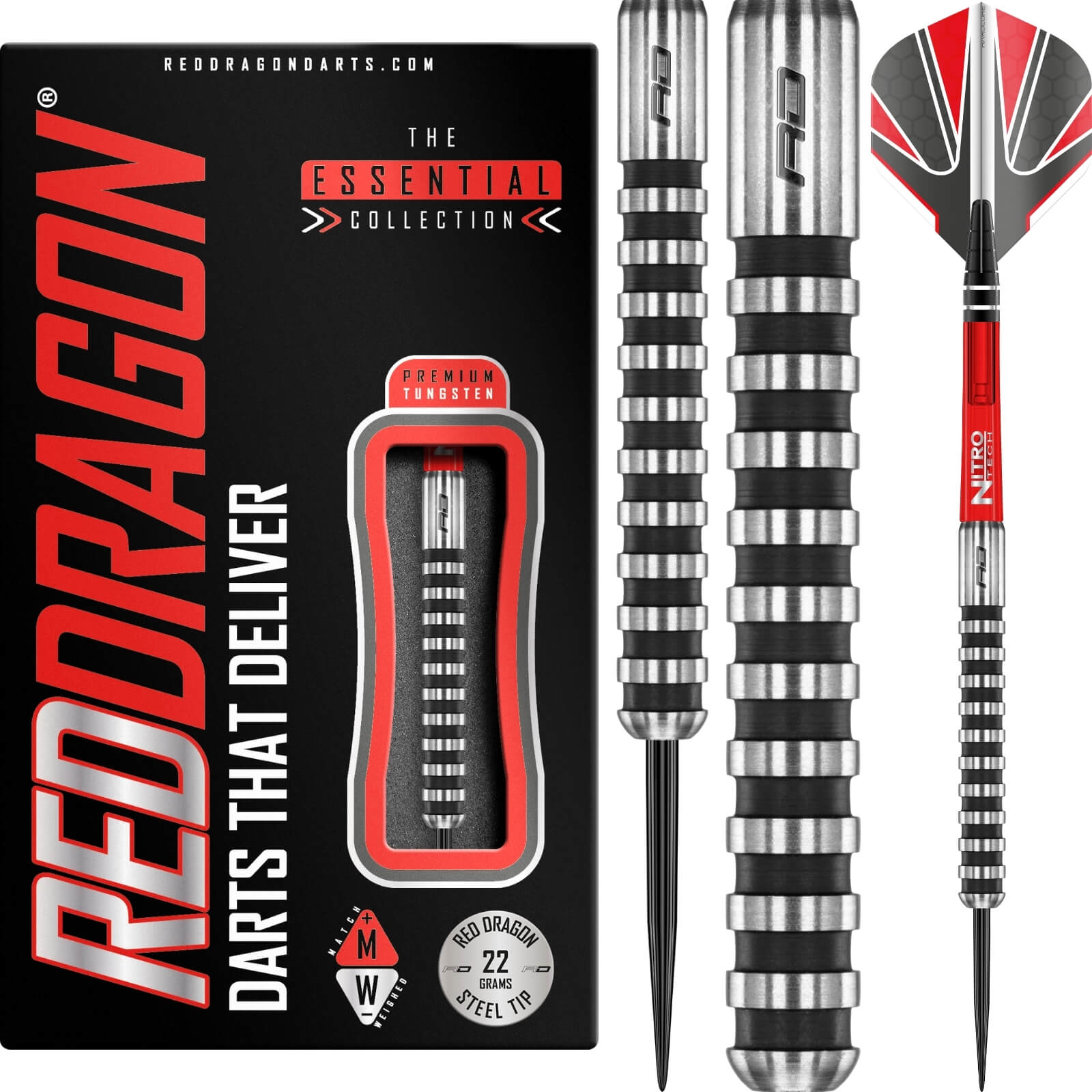 Darts - Red Dragon - Javelin Black Darts - Steel Tip - 90% Tungsten - 22g 24g 