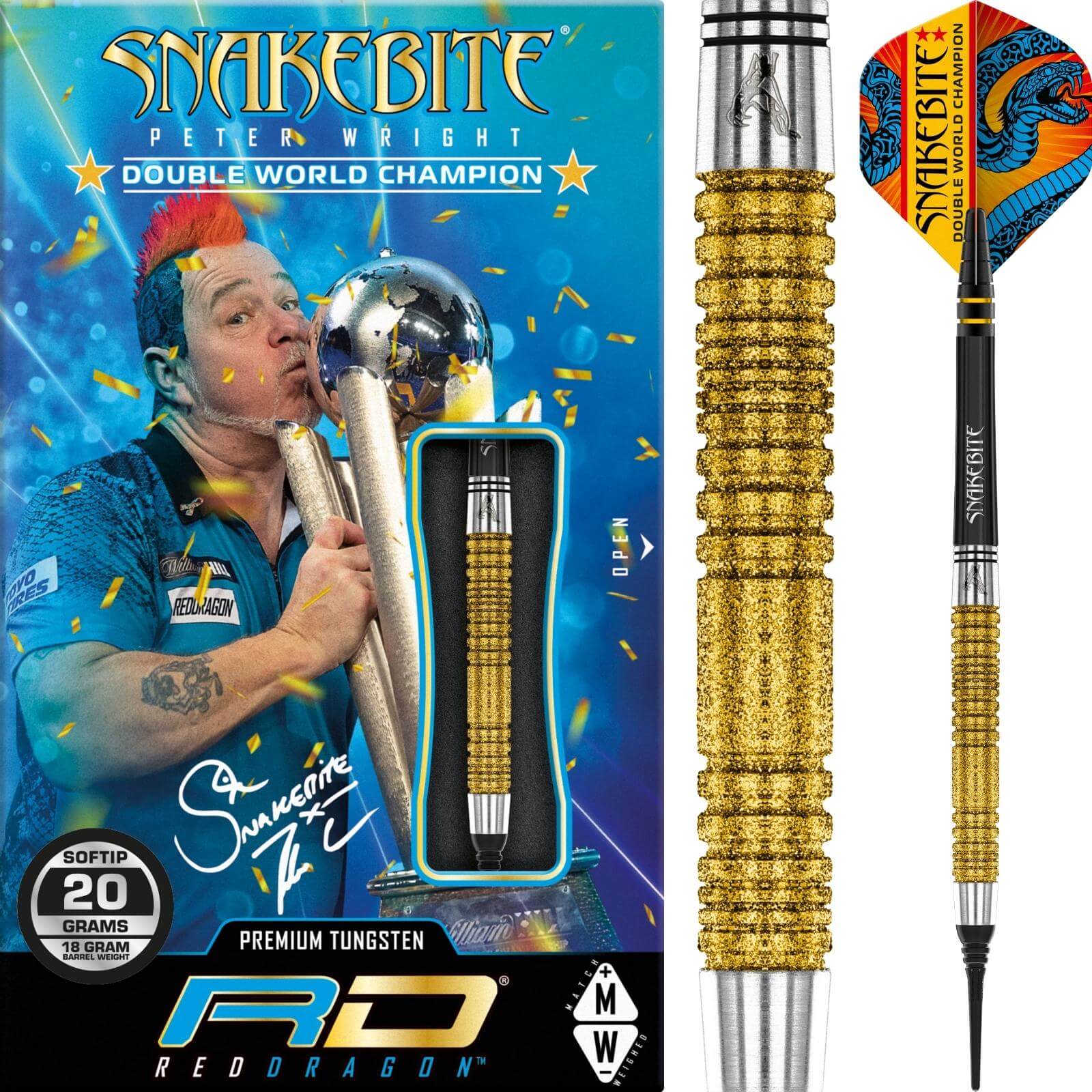 Darts - Red Dragon - Peter Wright Double World Champion Special Edition Darts - Gold - Soft Tip - 85% Tungsten - 20g 
