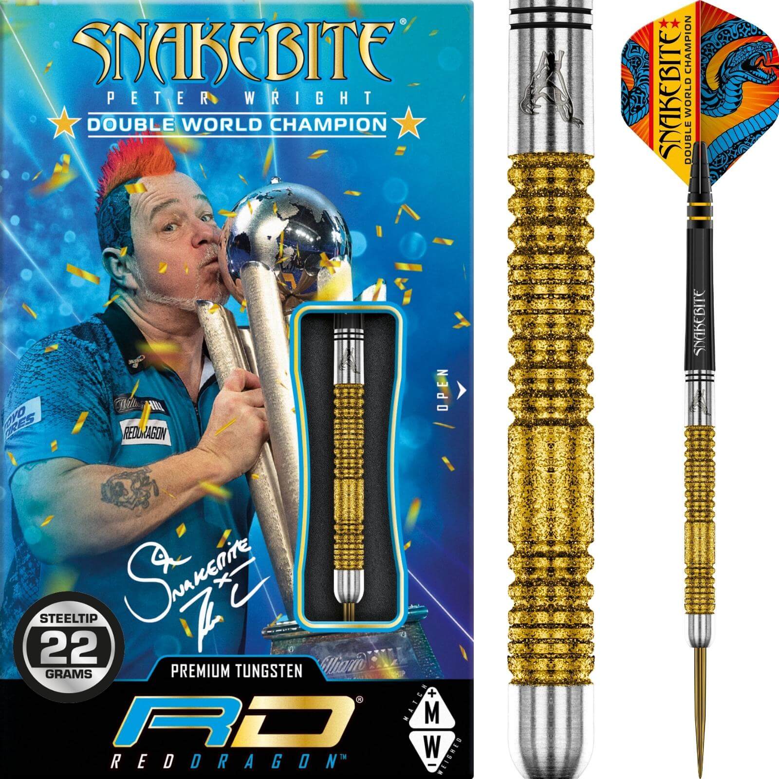 Darts - Red Dragon - Peter Wright Double World Champion Special Edition Darts - Gold - Steel Tip - 85% Tungsten - 20g 22g 24g 