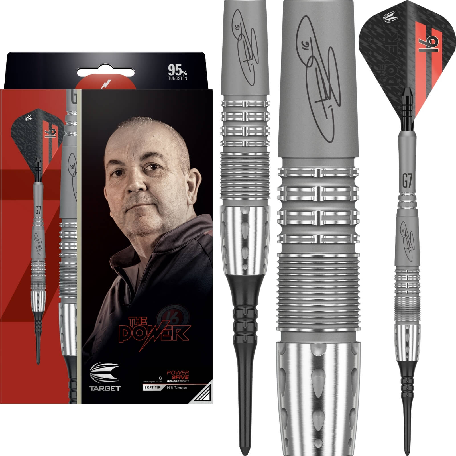 Darts - Target - Phil Taylor Power 9FIVE Gen 7 Darts - Soft Tip - 95% Tungsten - 18g 20g 