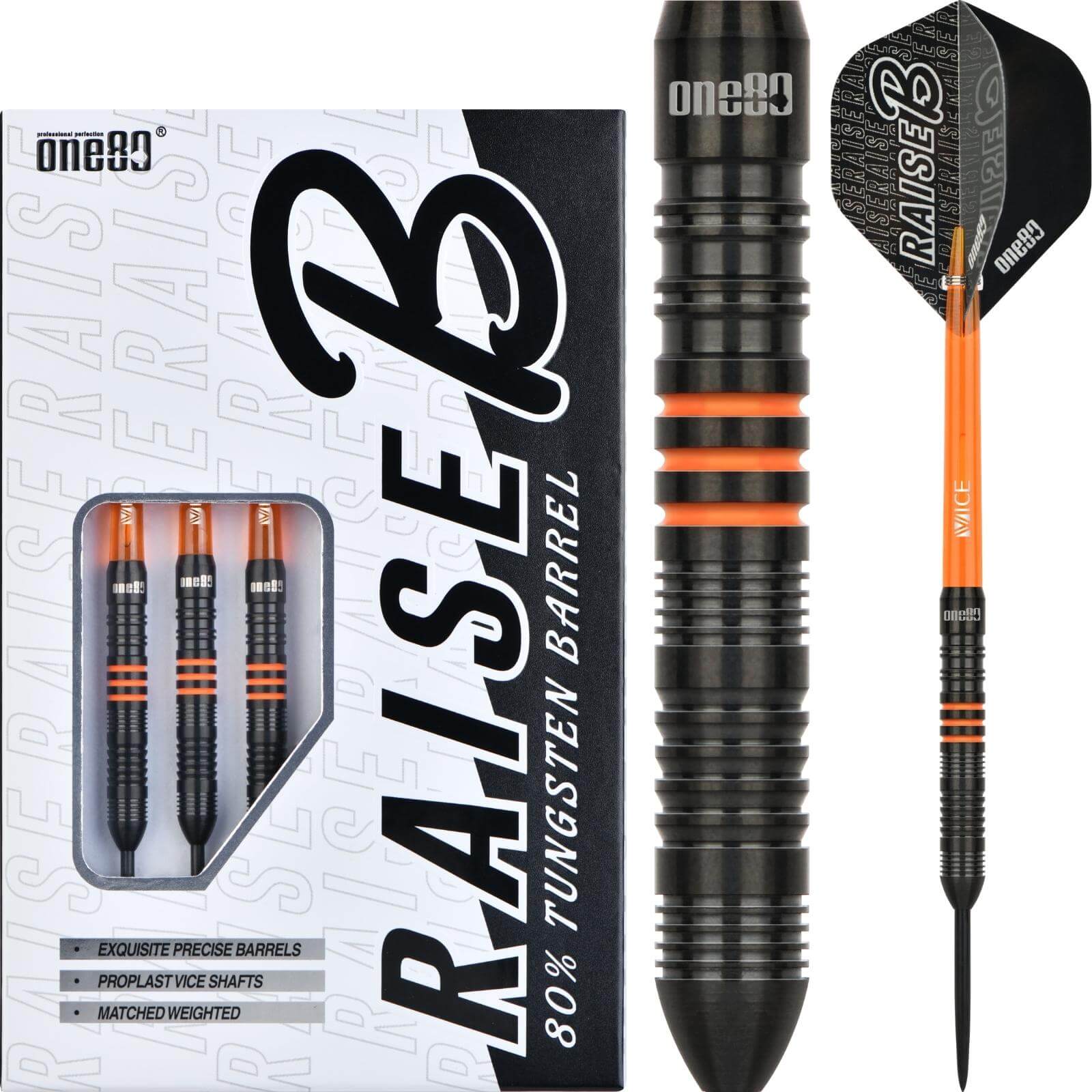 Darts - One80 - Raise B Darts - Orange - Steel Tip - 80% Tungsten - 21g 23g 