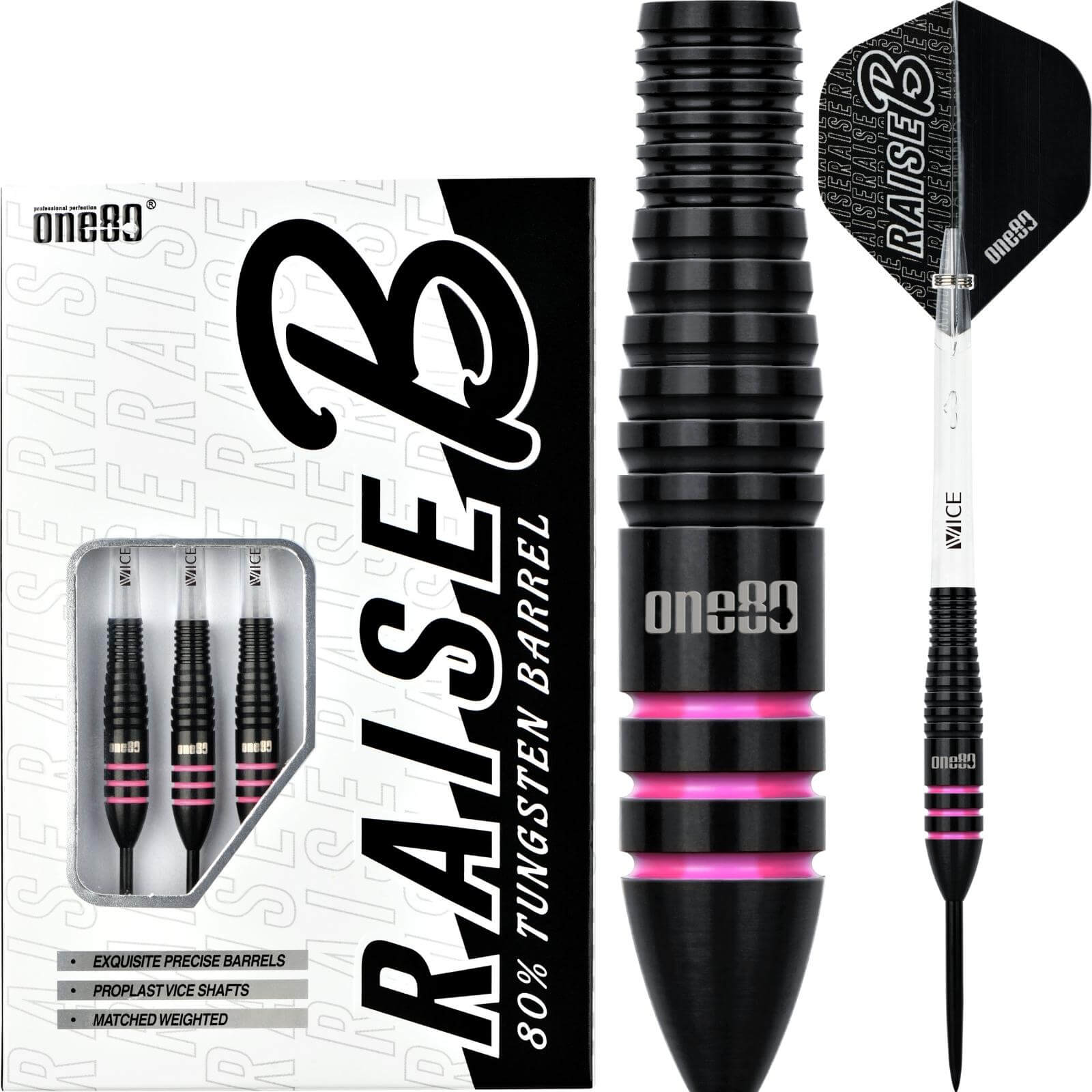Darts - One80 - Raise B Darts - Pink - Steel Tip - 80% Tungsten - 21g 23g 