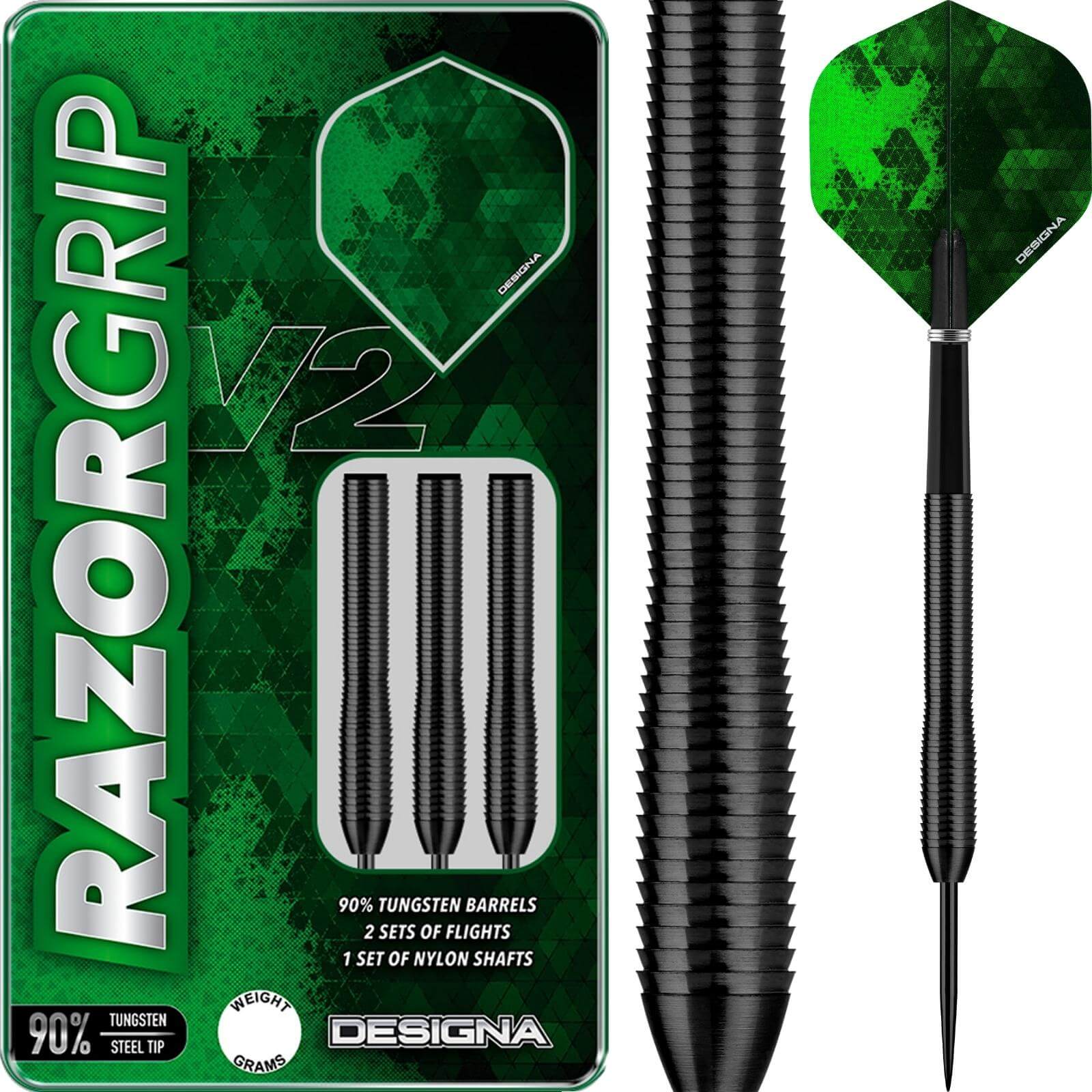 Darts - Designa - Razor Grip Black V2 M1 Darts - Steel Tip - 90% Tungsten - 21g 23g 