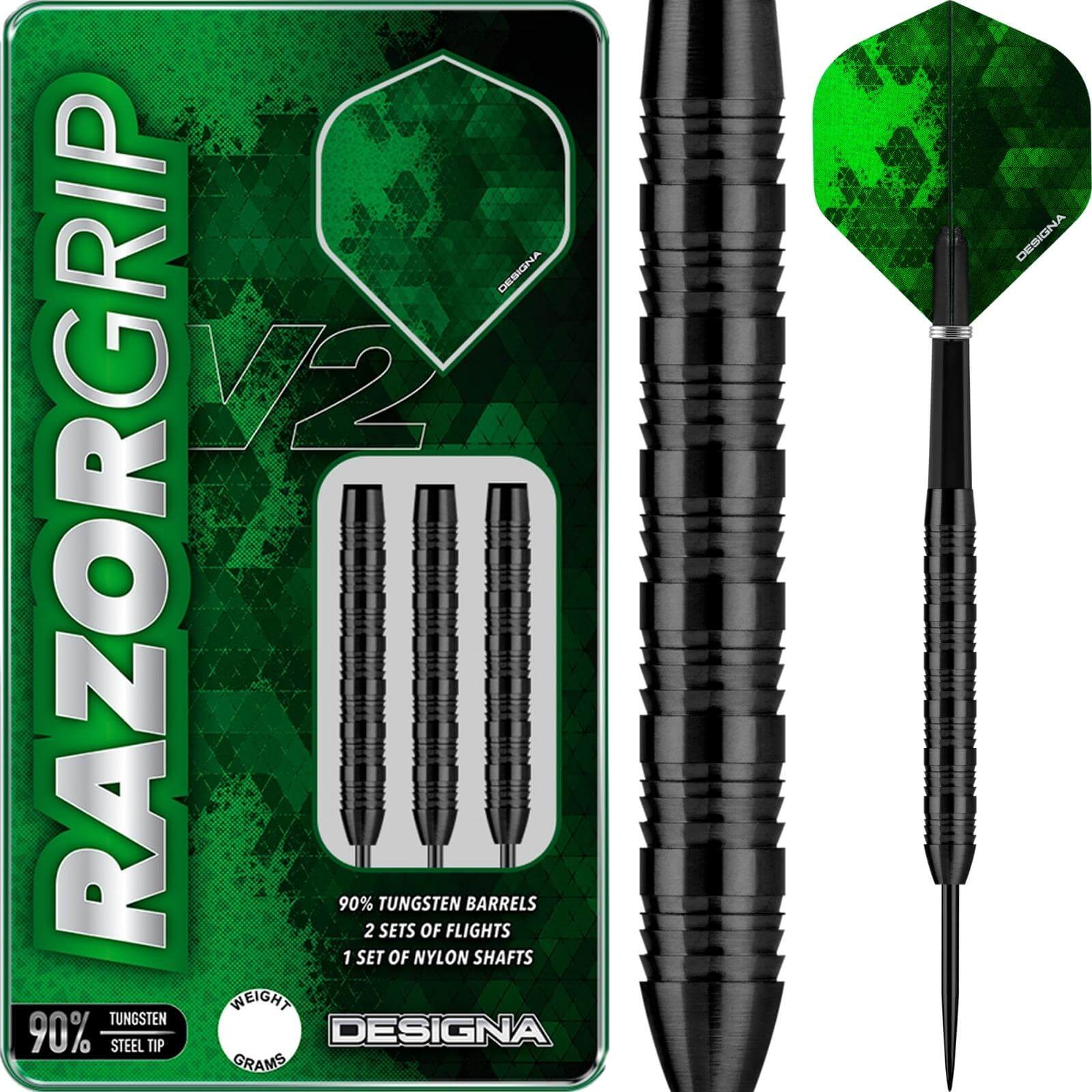 Darts - Designa - Razor Grip Black V2 M2 Darts - Steel Tip - 90% Tungsten - 22g 24g 