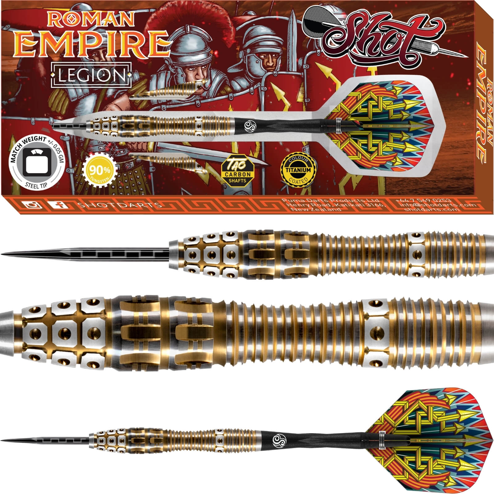 Darts - Shot - Roman Empire Legion Darts - Steel Tip - 90% Tungsten - 23g 24g 25g 
