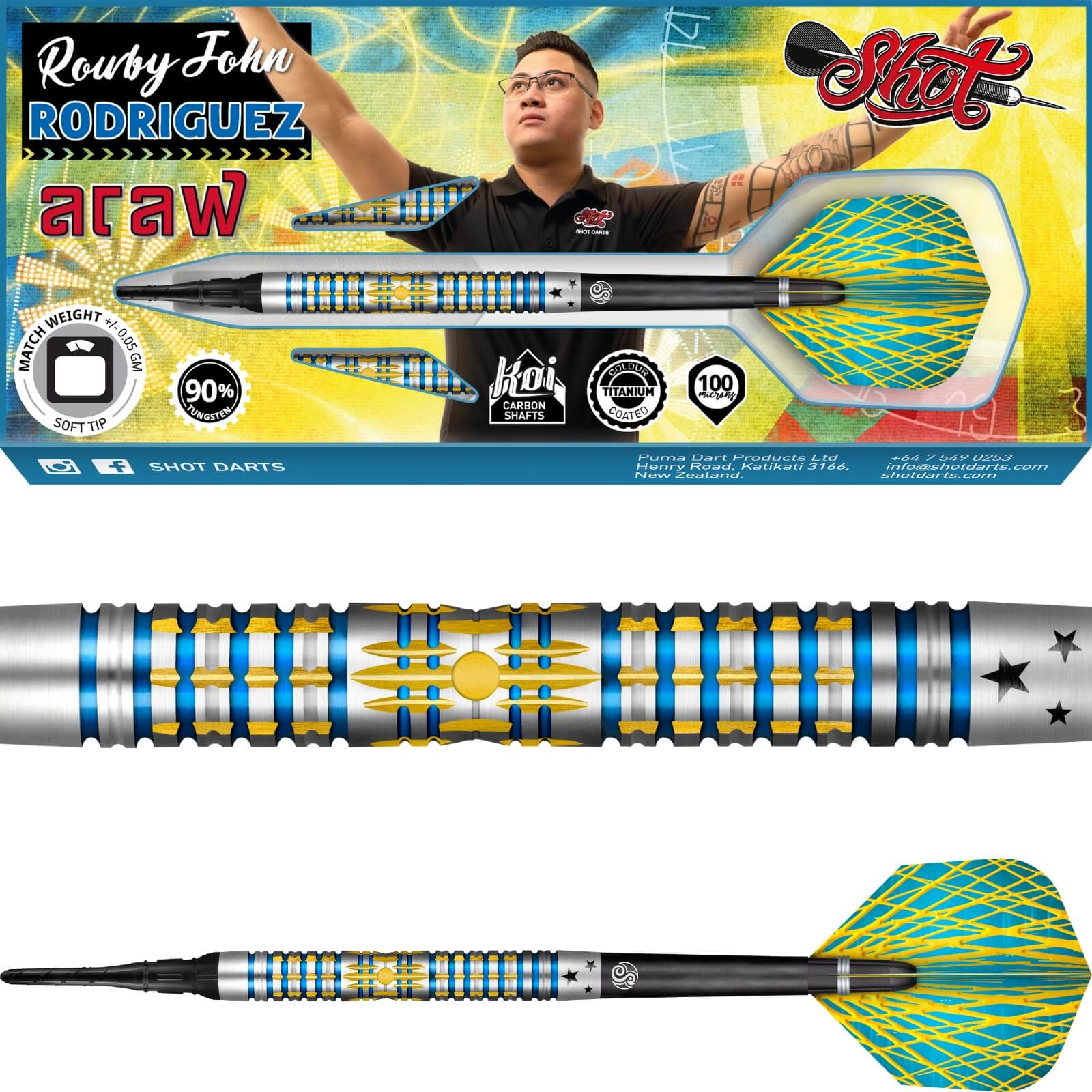 Darts - Shot - Rowby-John Rodriguez Araw Darts - Soft Tip - 90% Tungsten - 18g 20g 
