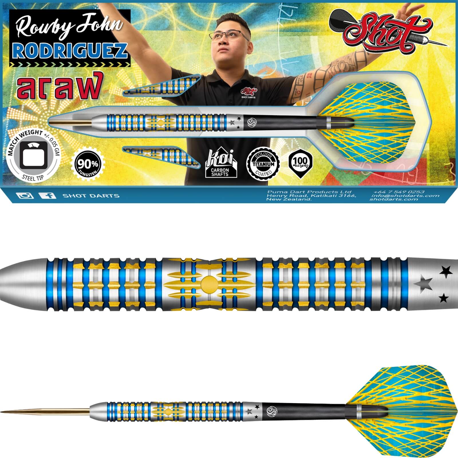 Darts - Shot - Rowby-John Rodriguez Araw Darts - Steel Tip - 90% Tungsten - 21g 22g 23g 24g 25g 26g 