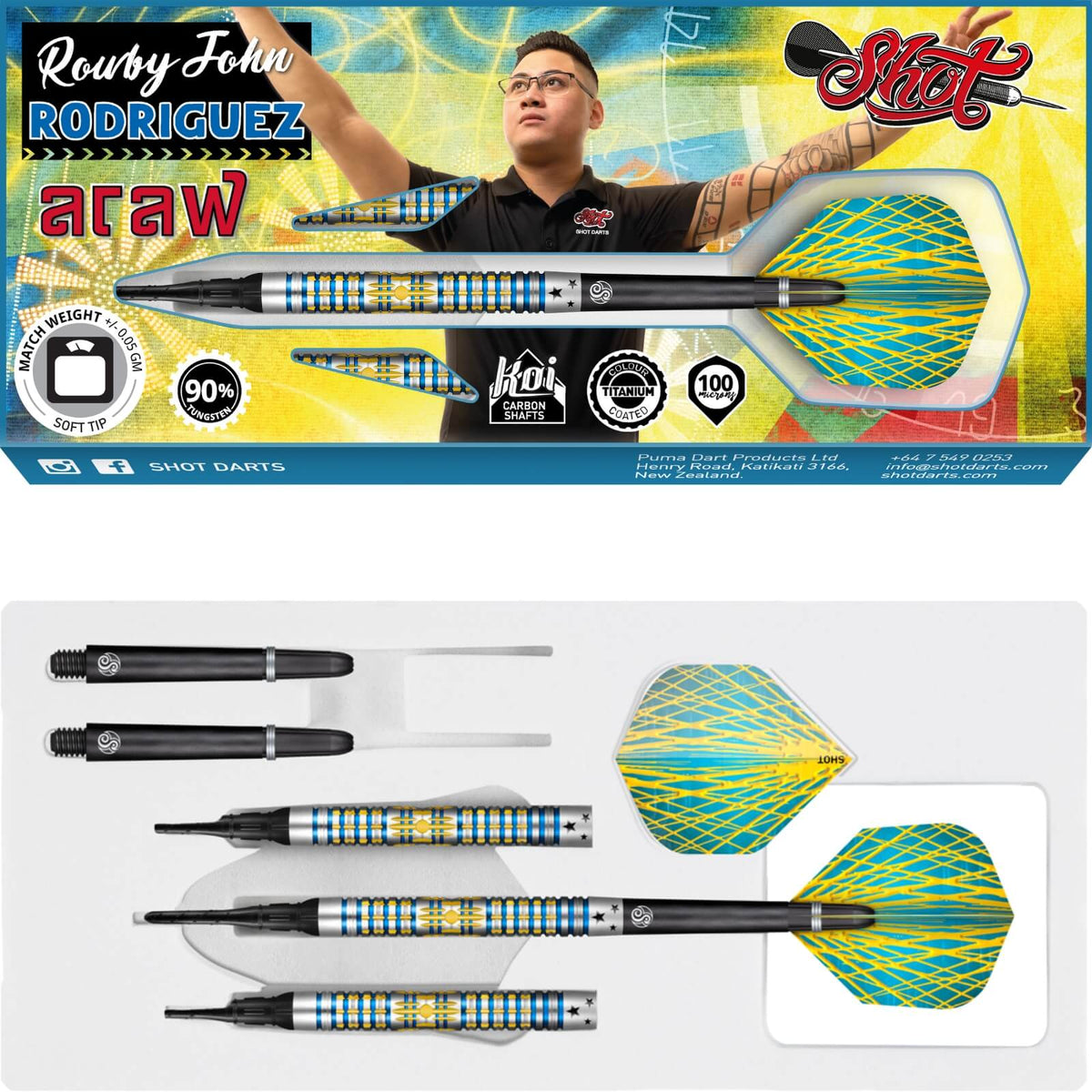 Darts - Shot - Rowby-John Rodriguez Araw Darts - Soft Tip - 90% Tungsten - 18g 20g 