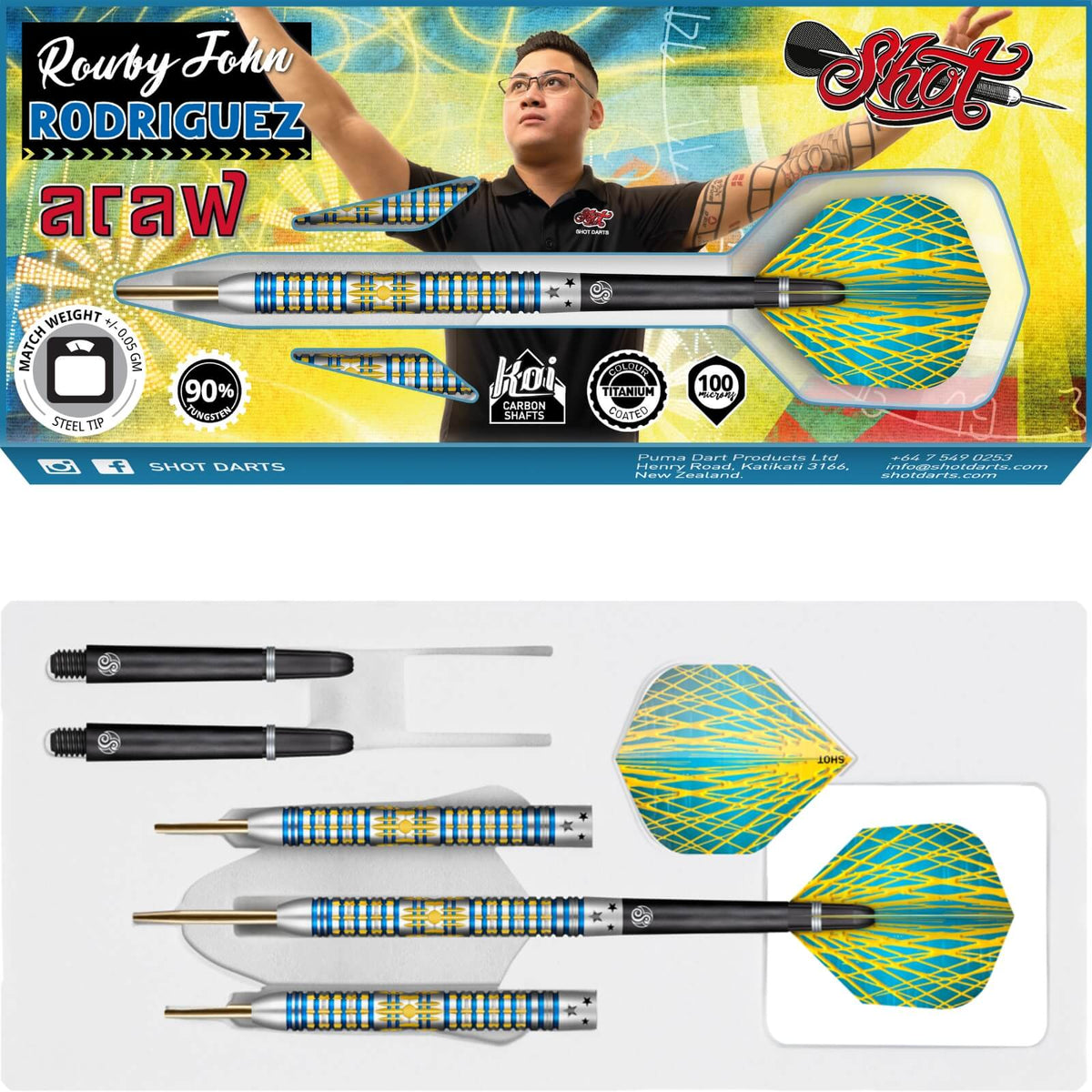 Darts - Shot - Rowby-John Rodriguez Araw Darts - Steel Tip - 90% Tungsten - 21g 22g 23g 24g 25g 26g 