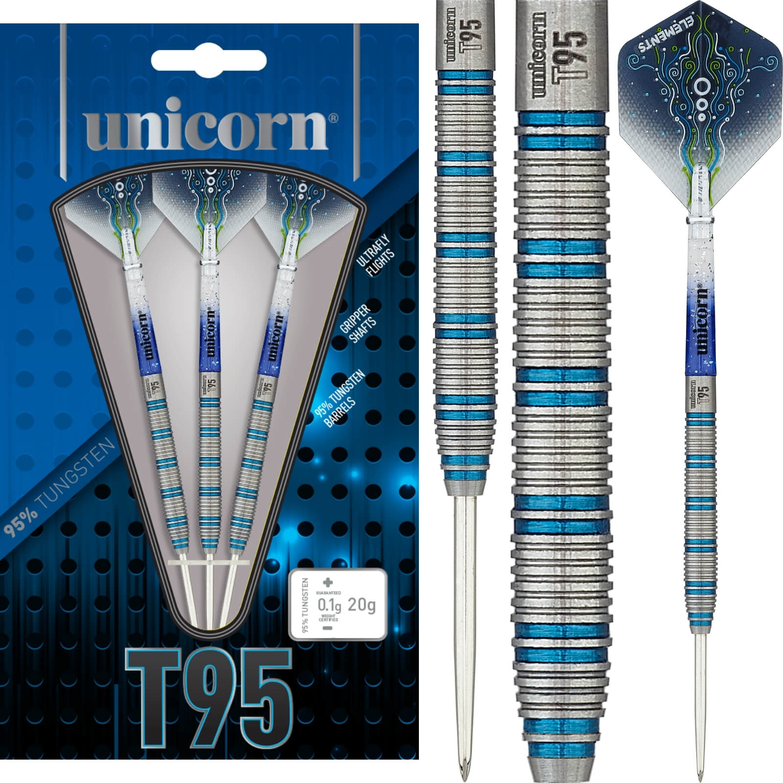Darts - Unicorn - T95 Core XL Blue Type 1 Darts - Steel Tip - 95% Tungsten - 20g 22g 24g 