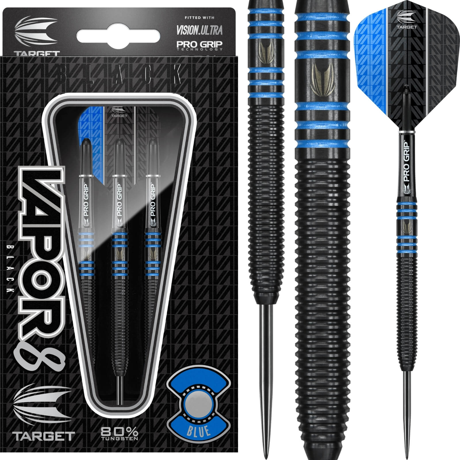 Darts - Target - Vapor 8 Black & Blue Darts - Steel Tip - 80% Tungsten - 22g 24g 