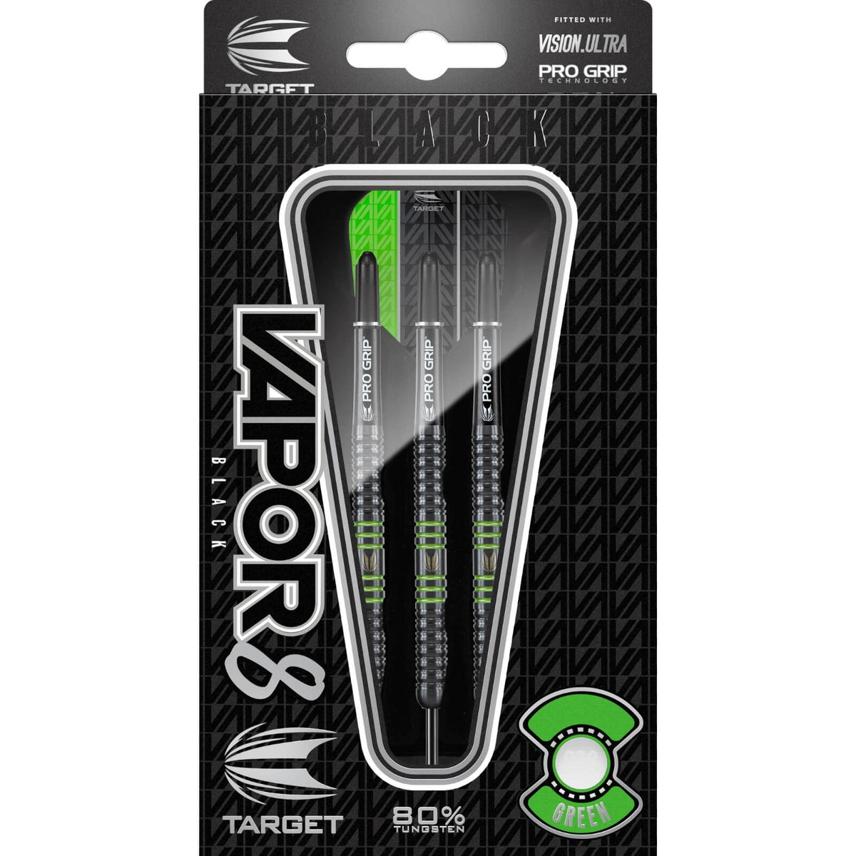 Darts - Target - Vapor 8 Black &amp; Green Darts - Steel Tip - 80% Tungsten - 21g 23g 