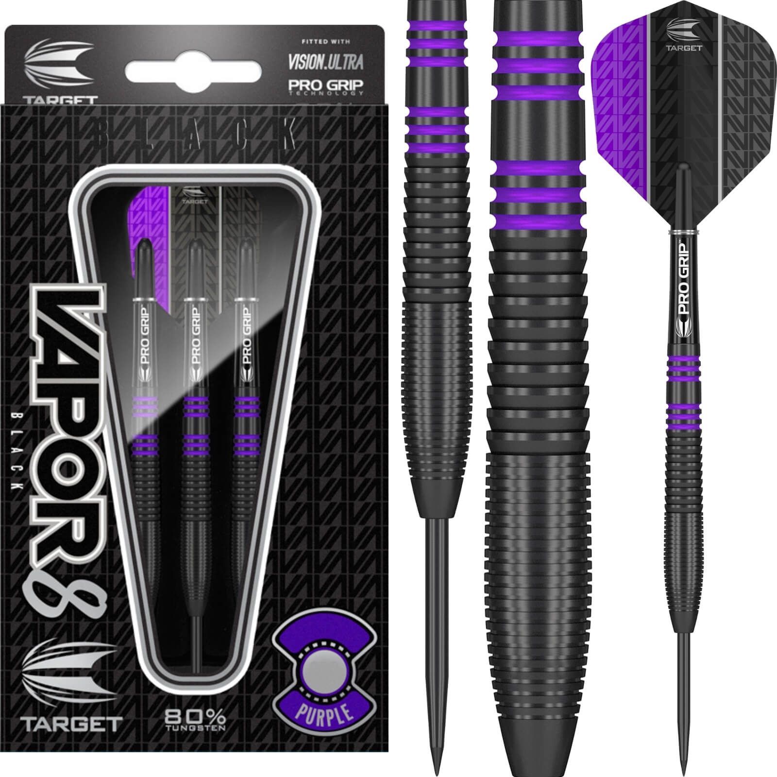 Darts - Target - Vapor 8 Black & Purple Darts - Steel Tip - 80% Tungsten - 21g 23g 