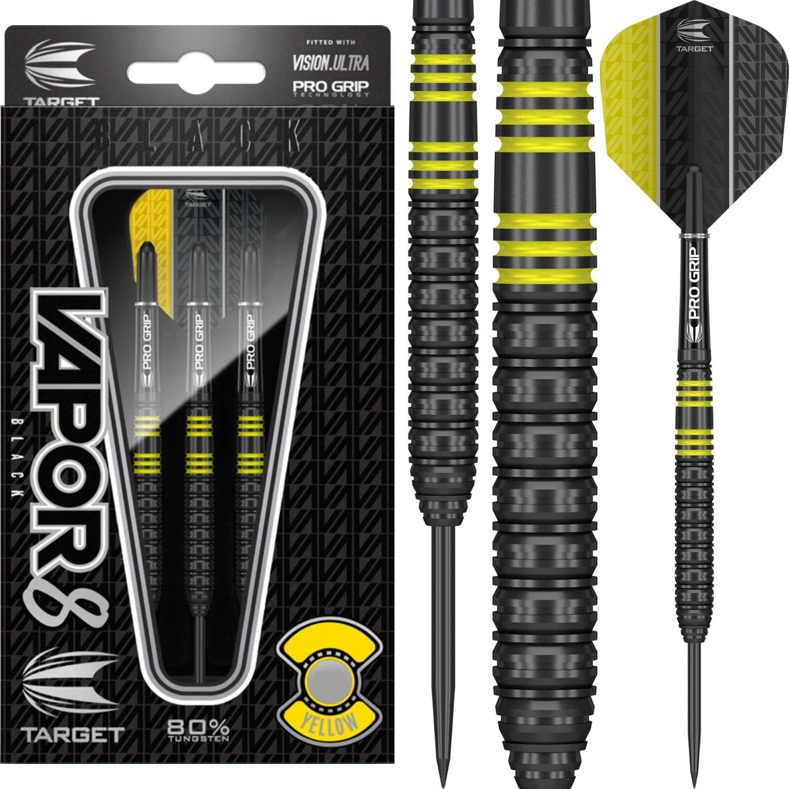 Darts - Target - Vapor 8 Black & Yellow Darts - Steel Tip - 80% Tungsten - 22g 24g 