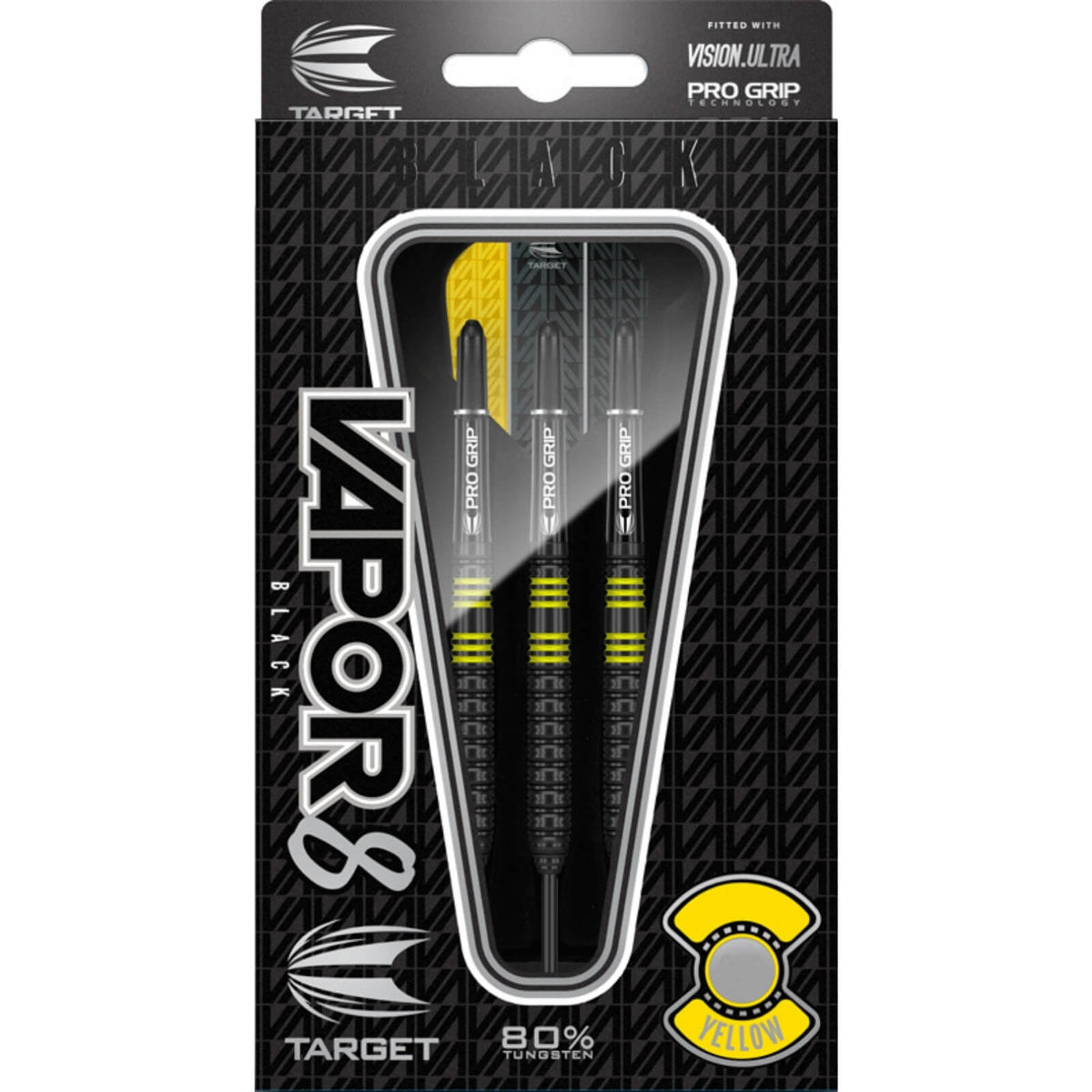 Darts - Target - Vapor 8 Black &amp; Yellow Darts - Steel Tip - 80% Tungsten - 22g 24g 